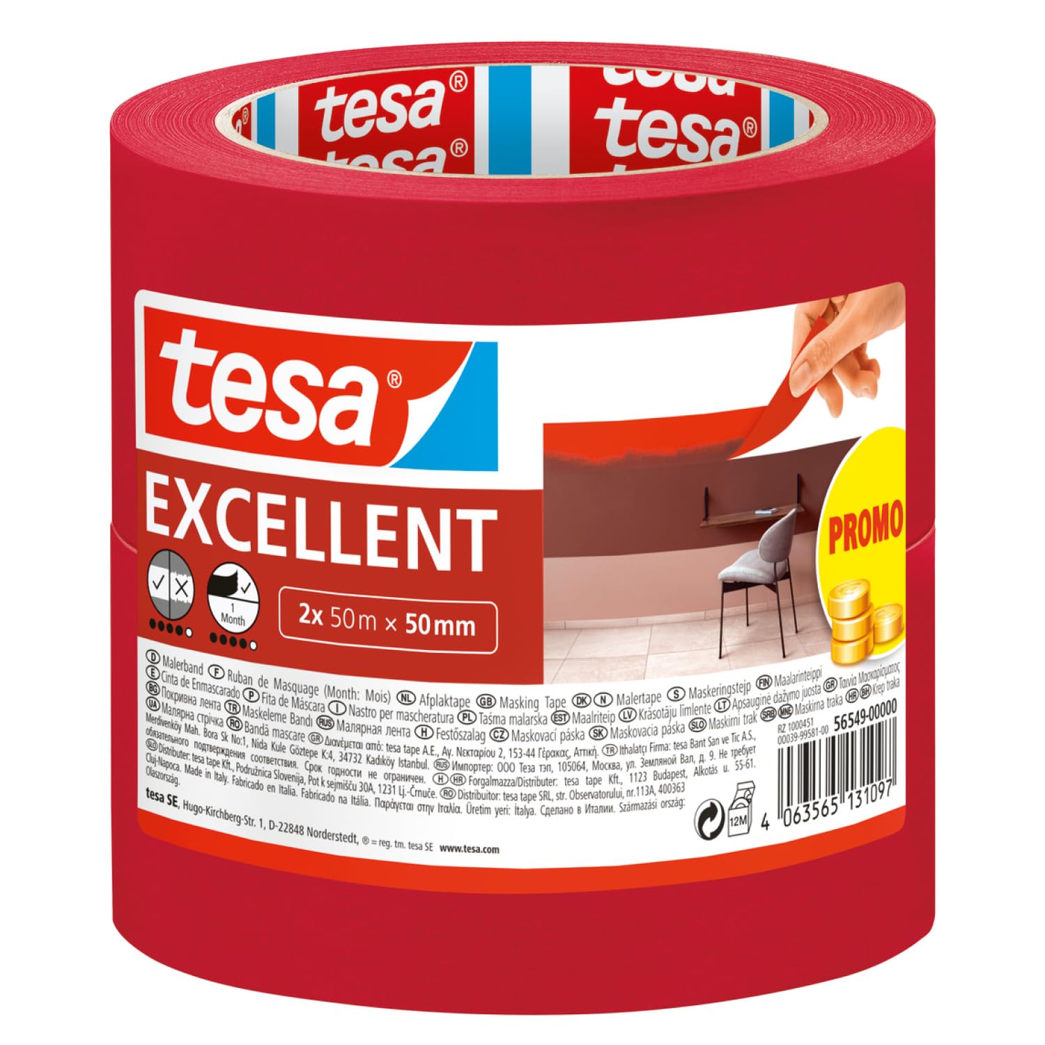 tesa Masking Tape Excellent - Painter's tape with thin paper backing for masking during painting work - for all paints, varnishes, and glazes - for indoor use - 2x 50 m x 50 mm