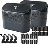 KITBEST Car Bin 2 Pack Mini Trash Can with Lid 120 Bags & 4 Hooks