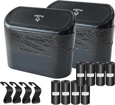 KITBEST Car Bin 2 Pack Mini Trash Can with Lid 120 Bags & 4 Hooks