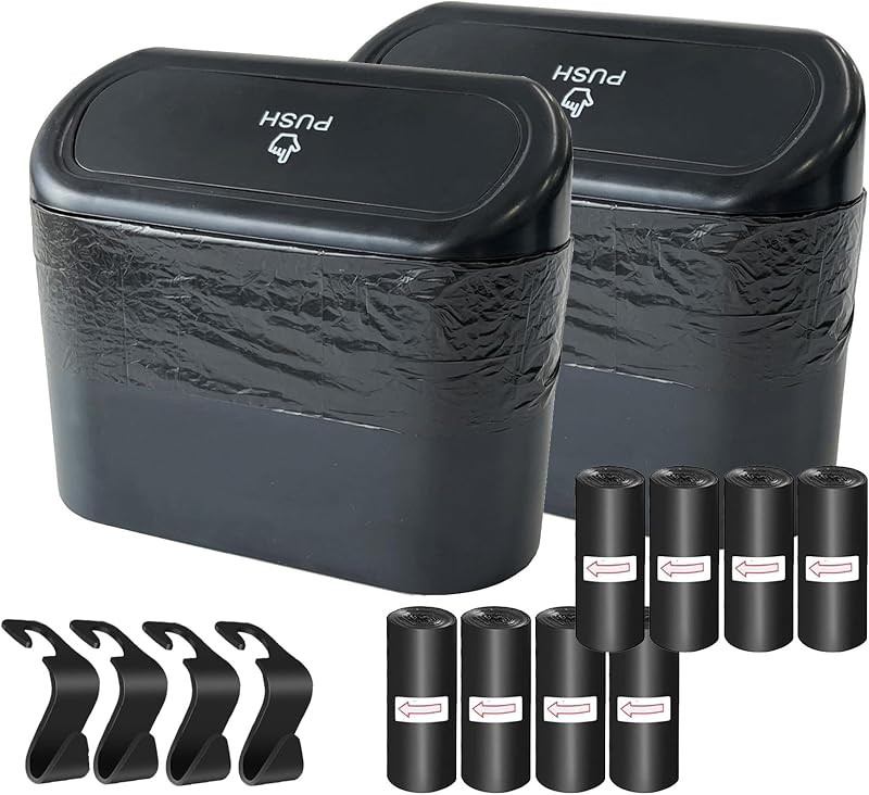 KITBEST Car Bin 2 Pack Mini Trash Can with Lid 120 Bags & 4 Hooks