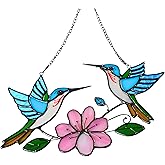 Stained Glass Window Hanging, Duo-Humming Bird Style, Colorful Sun Catcher Panel for Indoor/Outdoor Décor, Garden & Coastal Ornament, Handmade Glass Wall Art Gift for Women and Mom & Bird Lovers