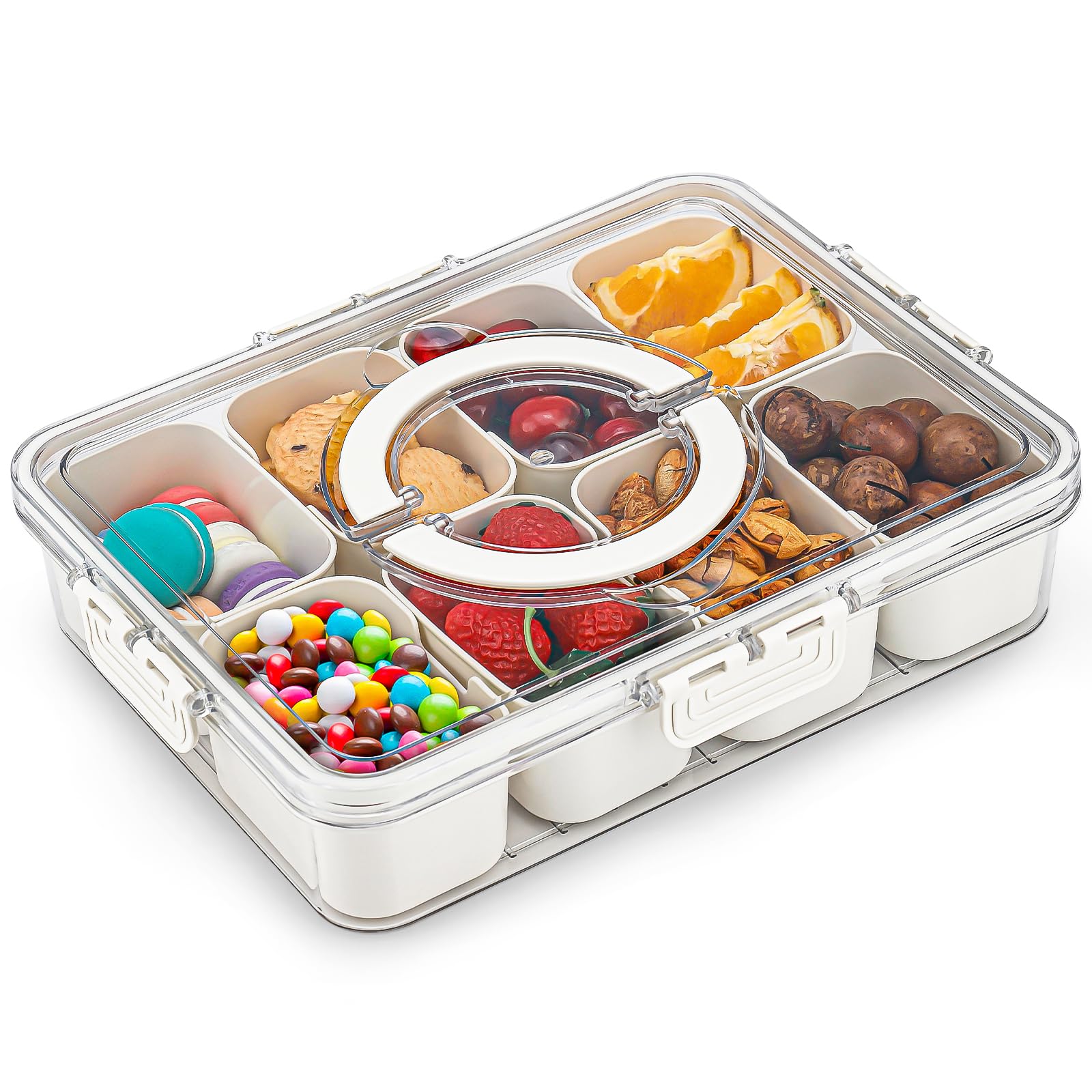 Photo 1 of Divided Serving Tray Snack Platter Container with Lid & Handle, 8 Compartments Portable Food Fresh-Keeping Storage Box Vegetable Organizer for Refrigerator Perfect for Party & Picnic