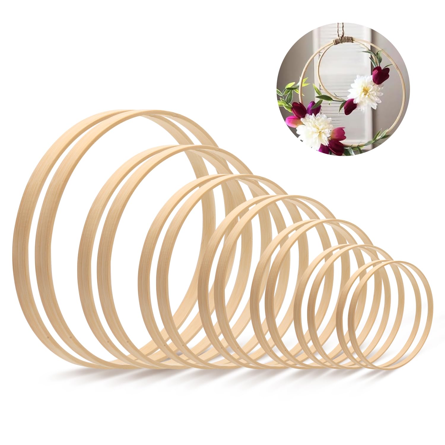 14Pcs Bamboo Wooden Wreath Rings, 7 Sizes Bamboo Floral Hoops, Macrame Wooden Hoops Rings for Crafts, Dream Catcher Ring, Wedding Wreath and Wall Hanging Crafts, 8 10 13 15 17 18 20 cm