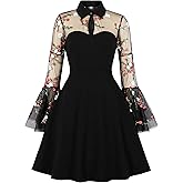 Wellwits Women's Embroidery Mesh Bell Sleeve Gothic Dress