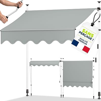 Store Banne Manuel rétractable avec manivelle pour Le Balcon | Marquise de terrasse sans percement | Marquise Soleil de Balcon auvent téléscopique (Gris Clair, 250cm)