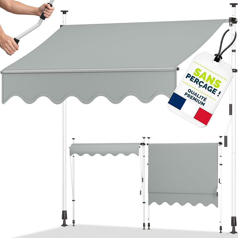 Store Banne Manuel rétractable avec manivelle pour Le Balcon | Marquise de terrasse sans percement | Marquise Soleil de Balcon auvent téléscopique (Gris Clair, 250cm)
