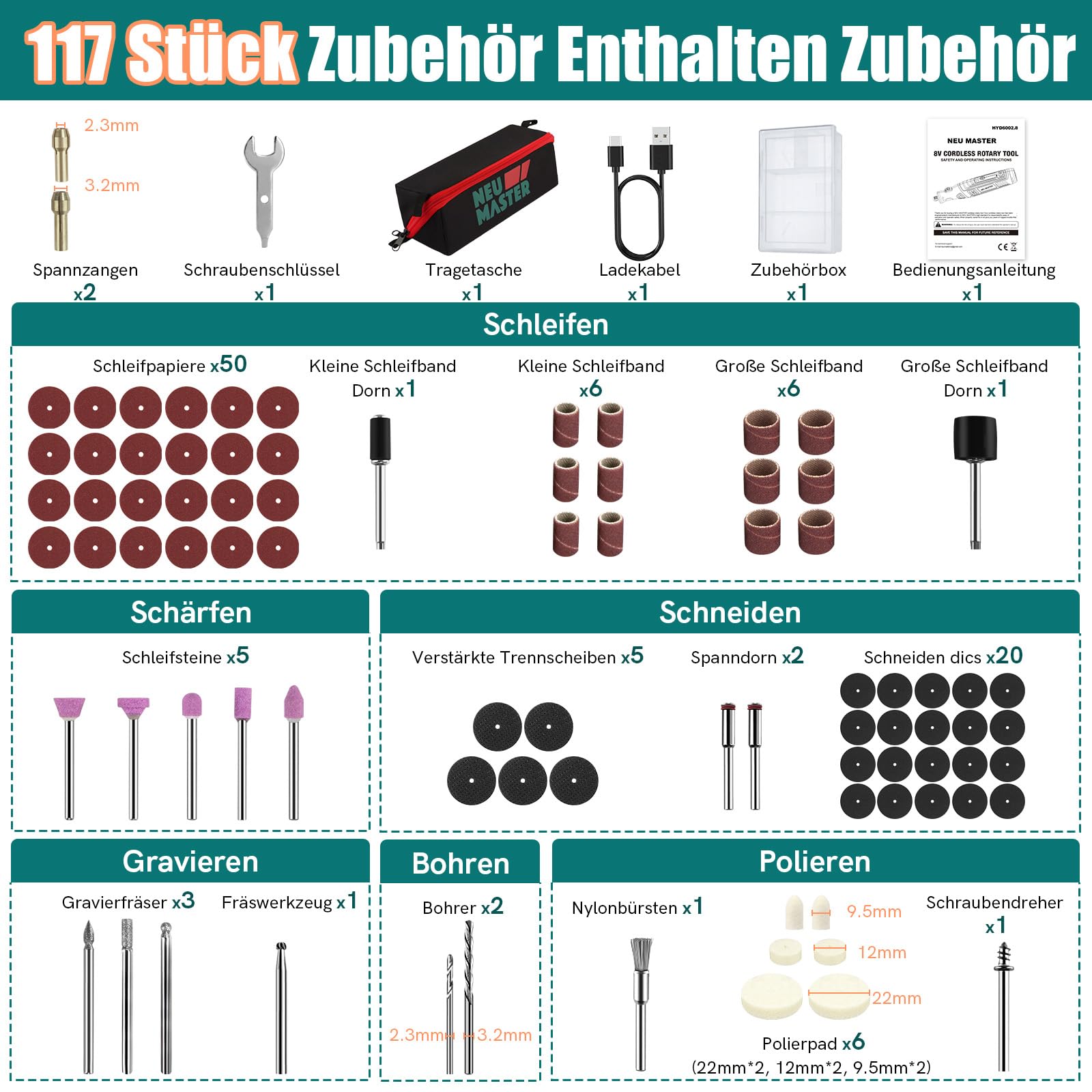 Multifunktionswerkzeug Akku - NEU MASTER 8V 2.0Ah Akku Rotationswerkzeug mit 117 Stück Zubehör, LED Light und 5-Gang, Multifunktionswerkzeuge Set zum Bohren, Gravieren, Polieren, Schleifen 6