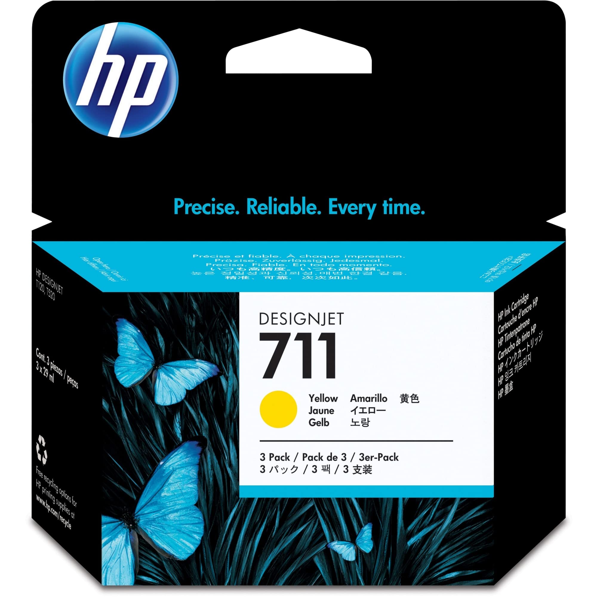 HP 711 CZ136A 3-Pack Yellow 29 ml Genuine HP Ink Cartridge with Original HP Ink, for HP DesignJet T120, T125, T130, T520, T525, T530 Large Format Plotter Printers and HP 711 DesignJet Printhead
