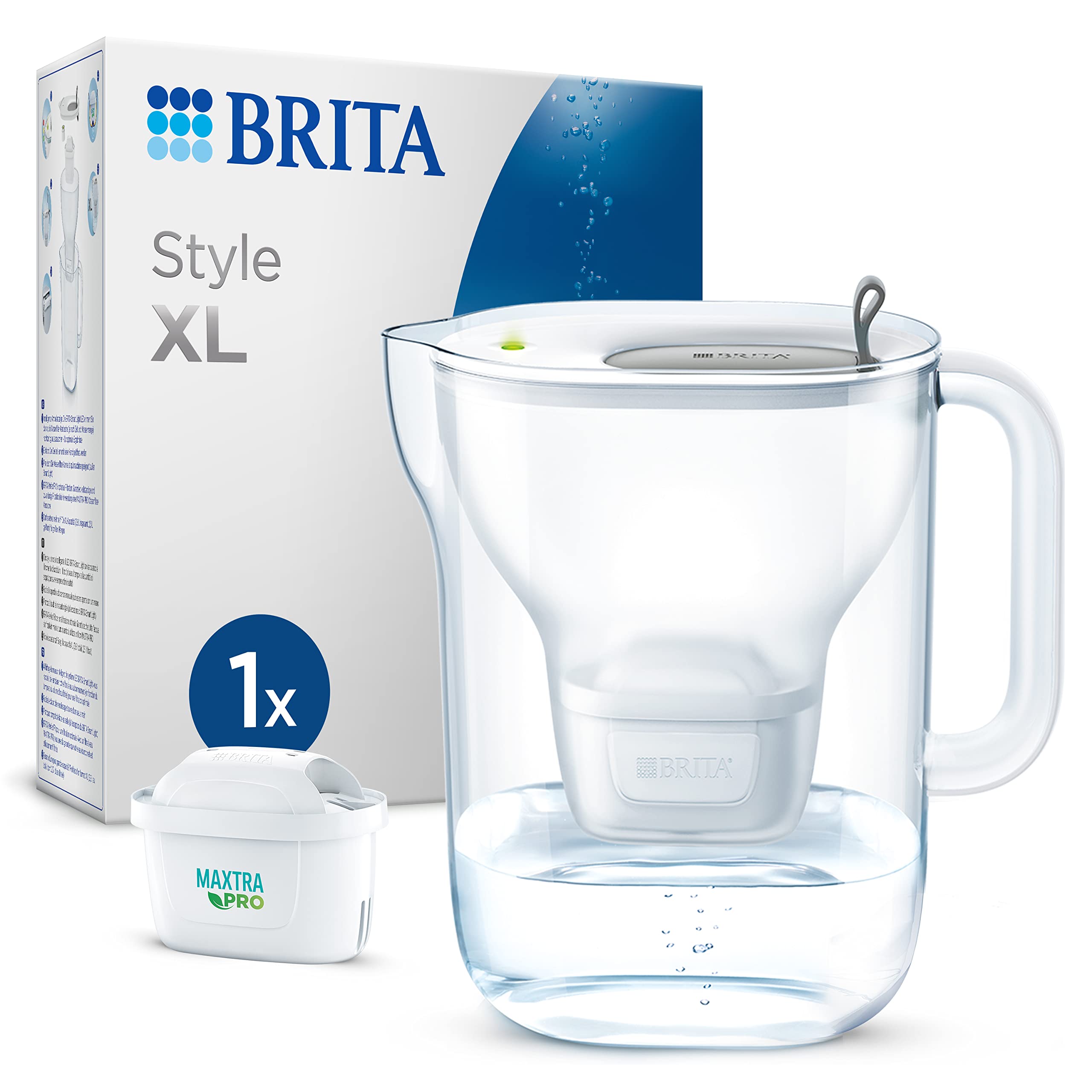 BRITA Style XL Water Filter Jug Grey (3.6L) incl. 1x MAXTRA PRO Pure Performance cartridge - large volume design jug with smart LED-LTI and Flip-Lid