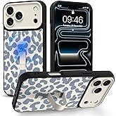Jefonha Magnetic for iPhone 17 Pro Max Case with Finger Strap Stand, Compatible with Magsafe, Trendy Leopard Cheetah Phone Case for Women Men Slim Shockproof Cover for 17 Pro Max, White Leopard
