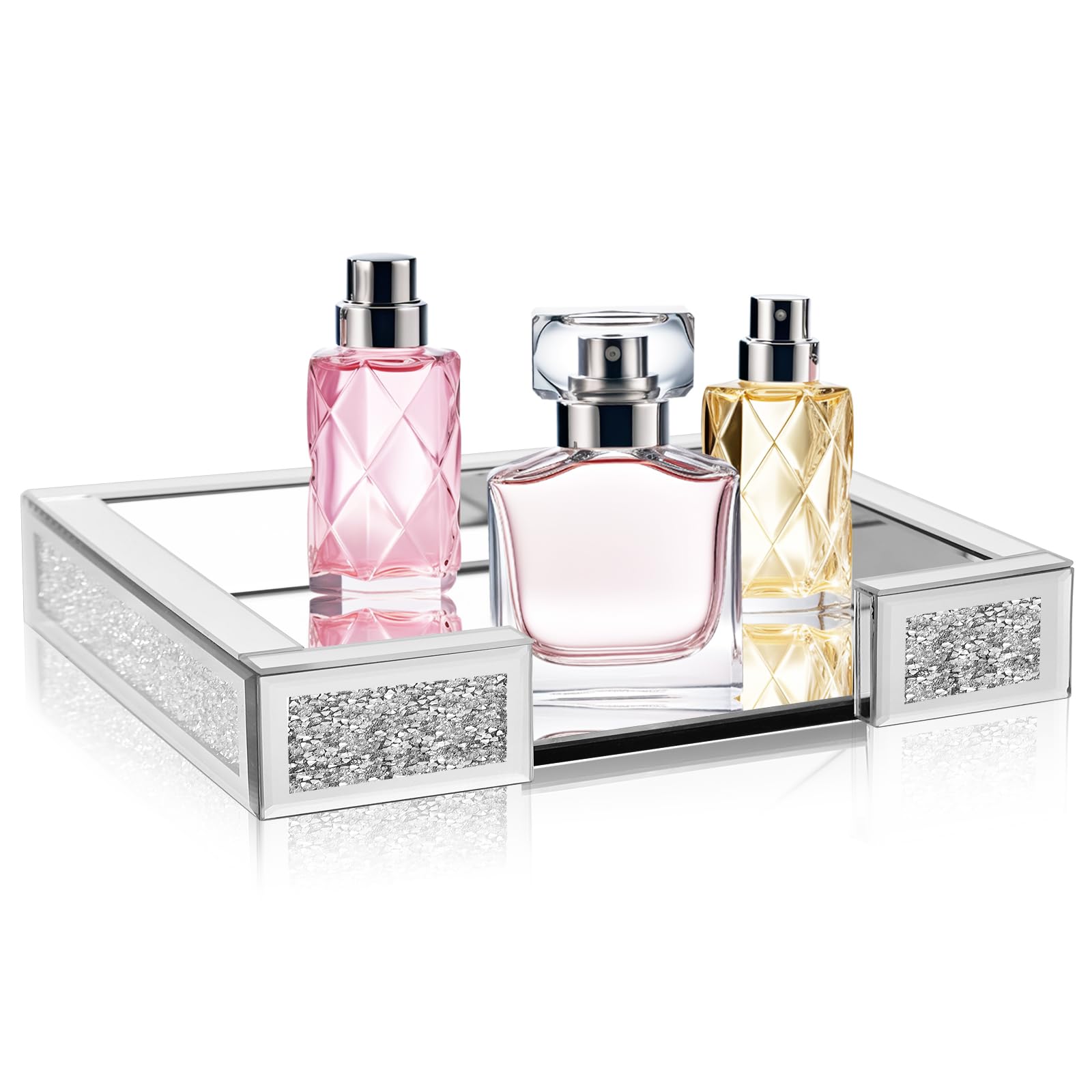 Photo 1 of Silver Perfume Tray, Rectangle Diamond Mirror Tray, Modern Premium Feeling Jewelry Organizer, Suitable for Bathroom Counter, Kitchen Counter, Dresser