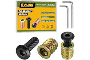 SVLING Threaded Inserts and Bolts Set, 40 Sets, 1/4-20 x 19/32" Threaded Inserts for Wood, 1/4-20 x 3/4" Furniture Screws, 1/4 Bolt Flat Head 304 Stainless Steel, Hex Socket Drive, 2Pcs Hex Wrench