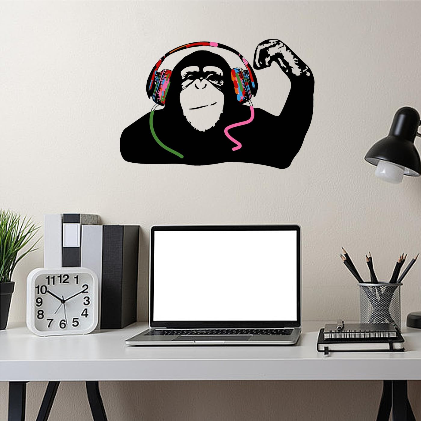 PLIGREAT Banksy Monkey Wall Sticker Listening to Music in Headphones Gorilla Wall Decal Graffiti DJ Monkey Peel and Stick Wall Art Stickers for Boy Bedroom Living Room Playroom Decor