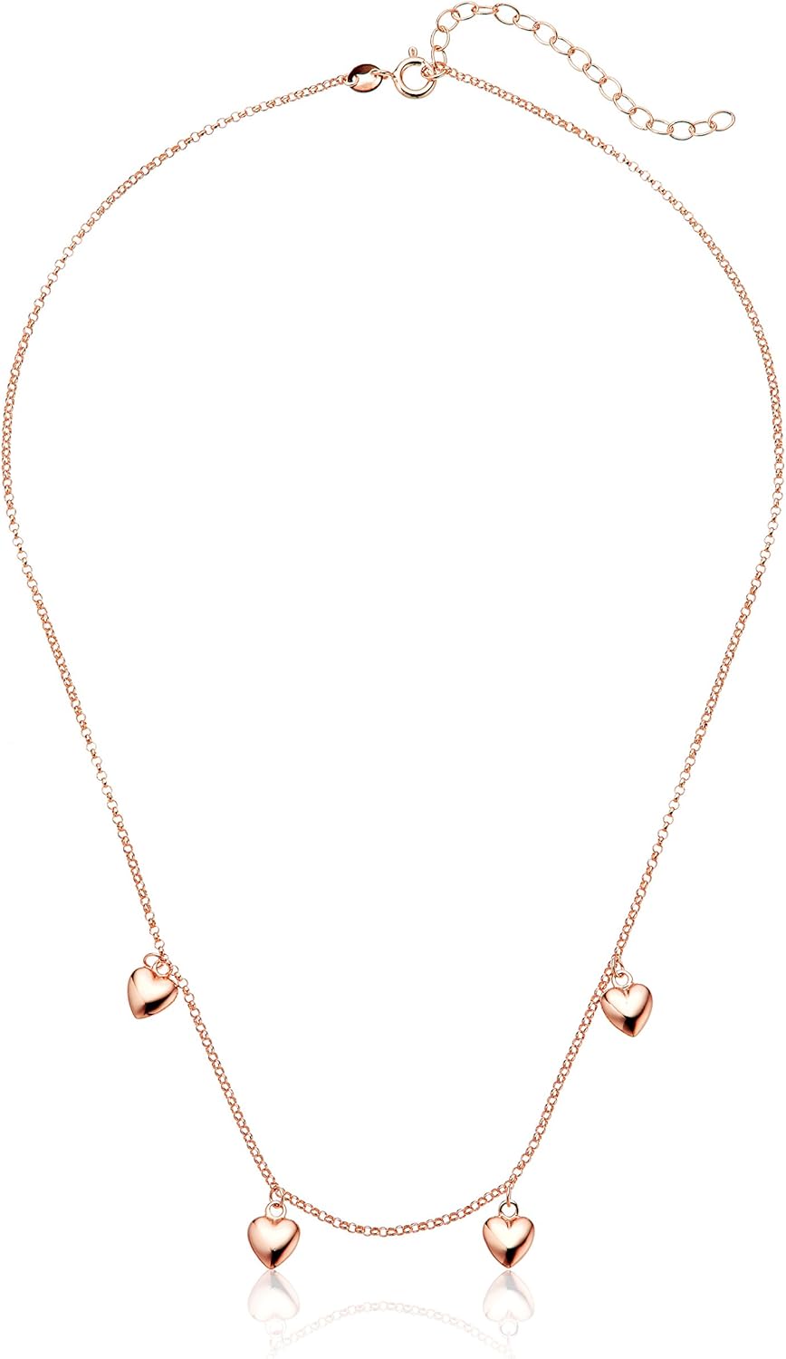 14k Rose Gold Plated Sterling Silver Puffed Heart Station Necklace, 16" + 2