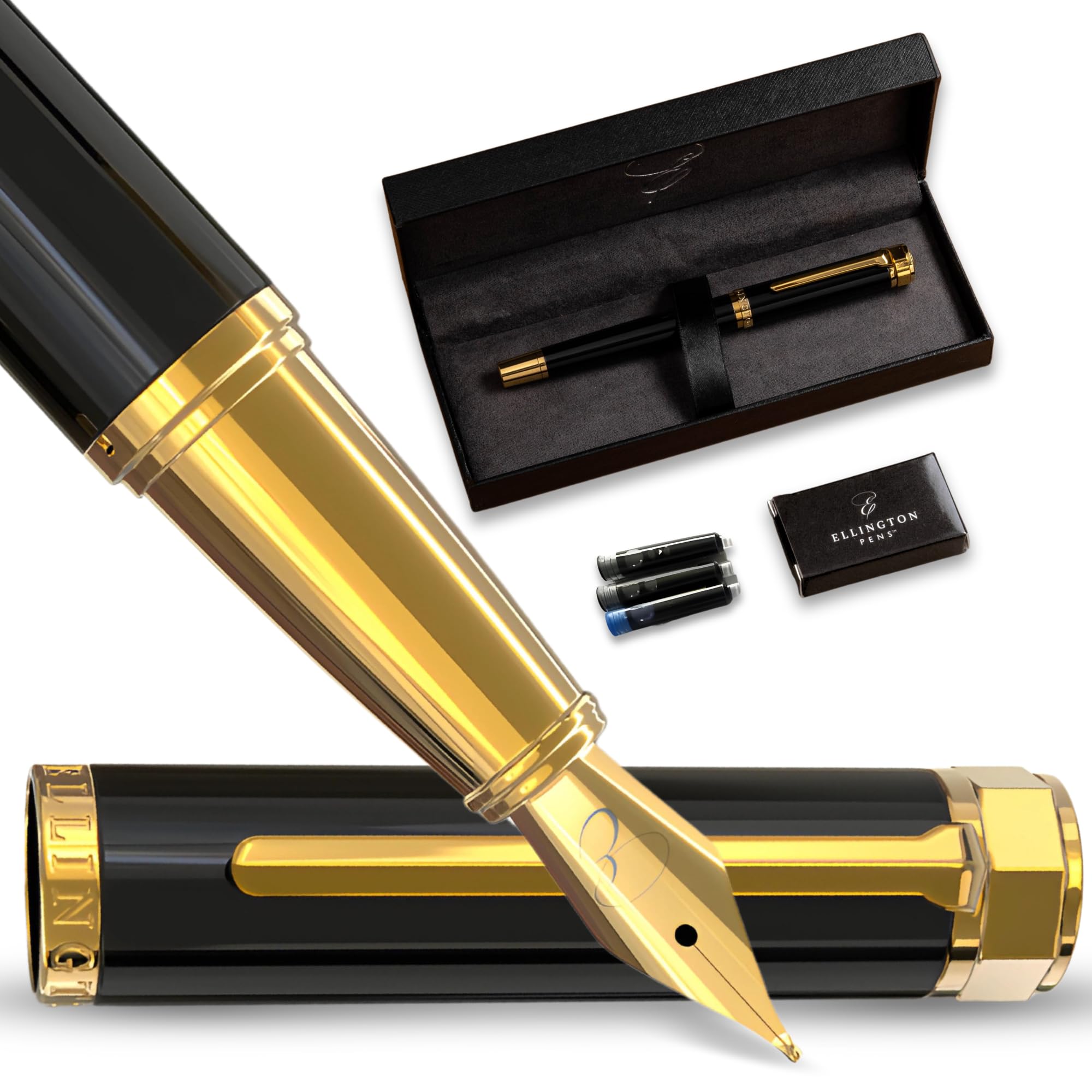 Ellington Pens Luxury Fountain Pen Set- Fountain Pens for Writing - Smooth Nib - Includes Refillable Ink Converter, 3 Ink Cartridges [2 Black & 1 Blue], Gift Box - Elegant Calligraphy