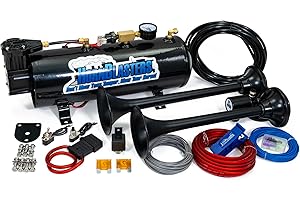 HornBlasters 12V 2-Chime 3-Liter Air Horn Kit with 120 PSI 3-Liter Air Source Unit & 2-Chime Stealth Black Air Horn for Cars & Trucks