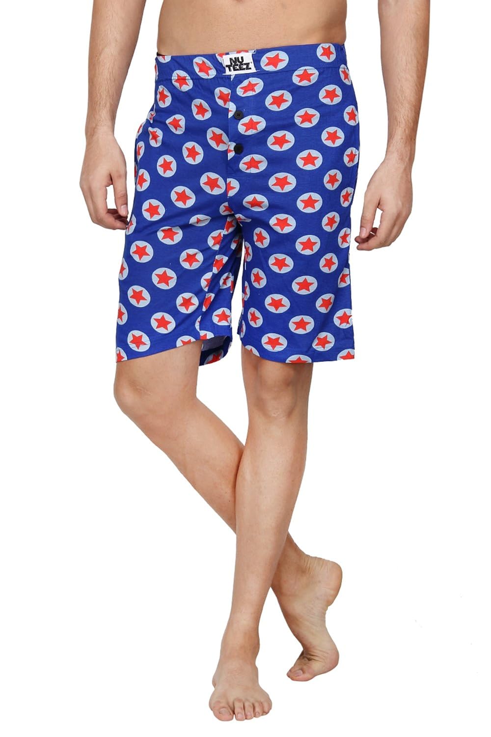 nuteez blue printed cotton star shorts for men