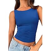 ForeFair Boat Neck Tank Tops for Women - Double Lined Going Out Top Basic Summer Cute Ruched