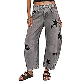 CHARTOU Y2k Barrel Jeans Women Wide Leg Baggy Distressed Printed Boyfriend Horseshoe Denim Pants