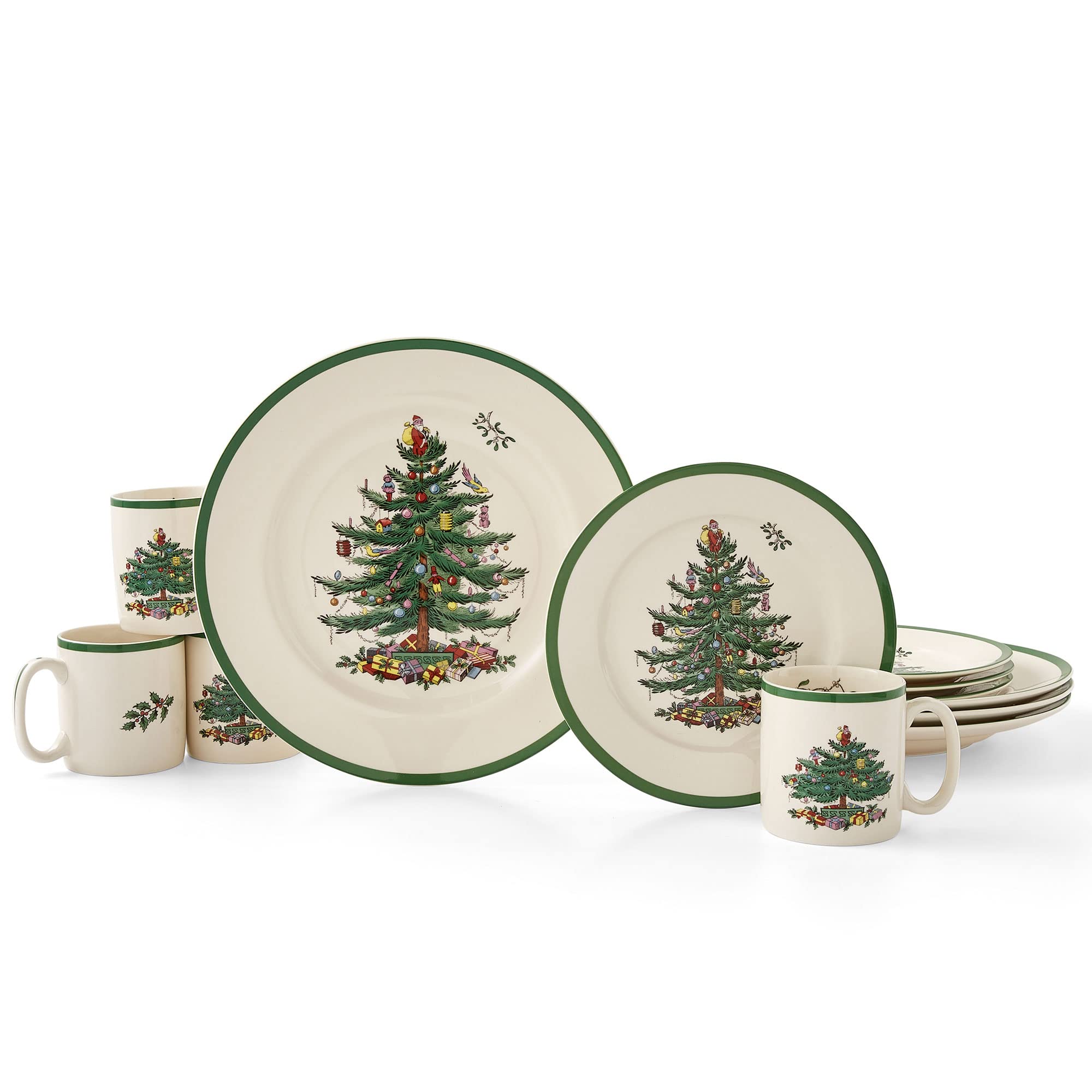 Spode Christmas Tree 12-Piece Dinnerware Set (Service for 4) - Festive Holiday Tableware Collection with Plates and Mugs - Fine Earthenware Christmas Dinnerware - Microwave & Dishwasher Safe