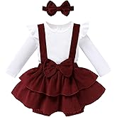YOUNGER TREE Baby Girl Clothes Winter Outfit Long Sleeve Romper Newborn Fall Corduroy Suspender Skirt Set with Headband
