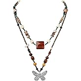 MINACHI Multi Layers Choker Necklace, Wooden and Stone Beads, Butterfly Pendant, Bohemian Vintage Costume Jewelry for Women