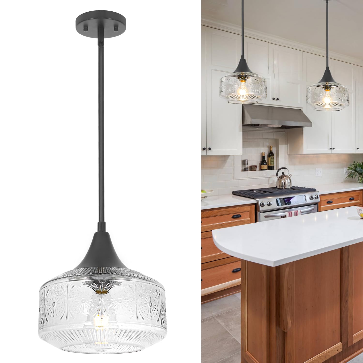 Photo 1 of (1 set) Black Pendant Lights Kitchen Island, Pendant Light with Large Thickened Glass Lampshade, Vintage Pendant Light Hanging Light Fixture for Dining Room Hallway Bedroom, E26 Base & Adjustable Cable