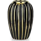 Briful Black Gold Ceramic Vase Home Decor, Ribbed Design, Porcelain Decorative Flower Vase, 8.2'' Tall Floral Vases for Table Desk Wedding Decoration