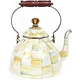 MACKENZIE-CHILDS Enamel Tea Kettle, Cute Kitchen Kettle for Stovetop, 3-Quart Capacity, Yellow-and-Cream Parchment Check