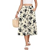 MLXSJ Women's Midi Skirt Summer Flowy High Waisted Casual Button Front Skirts with Pockets