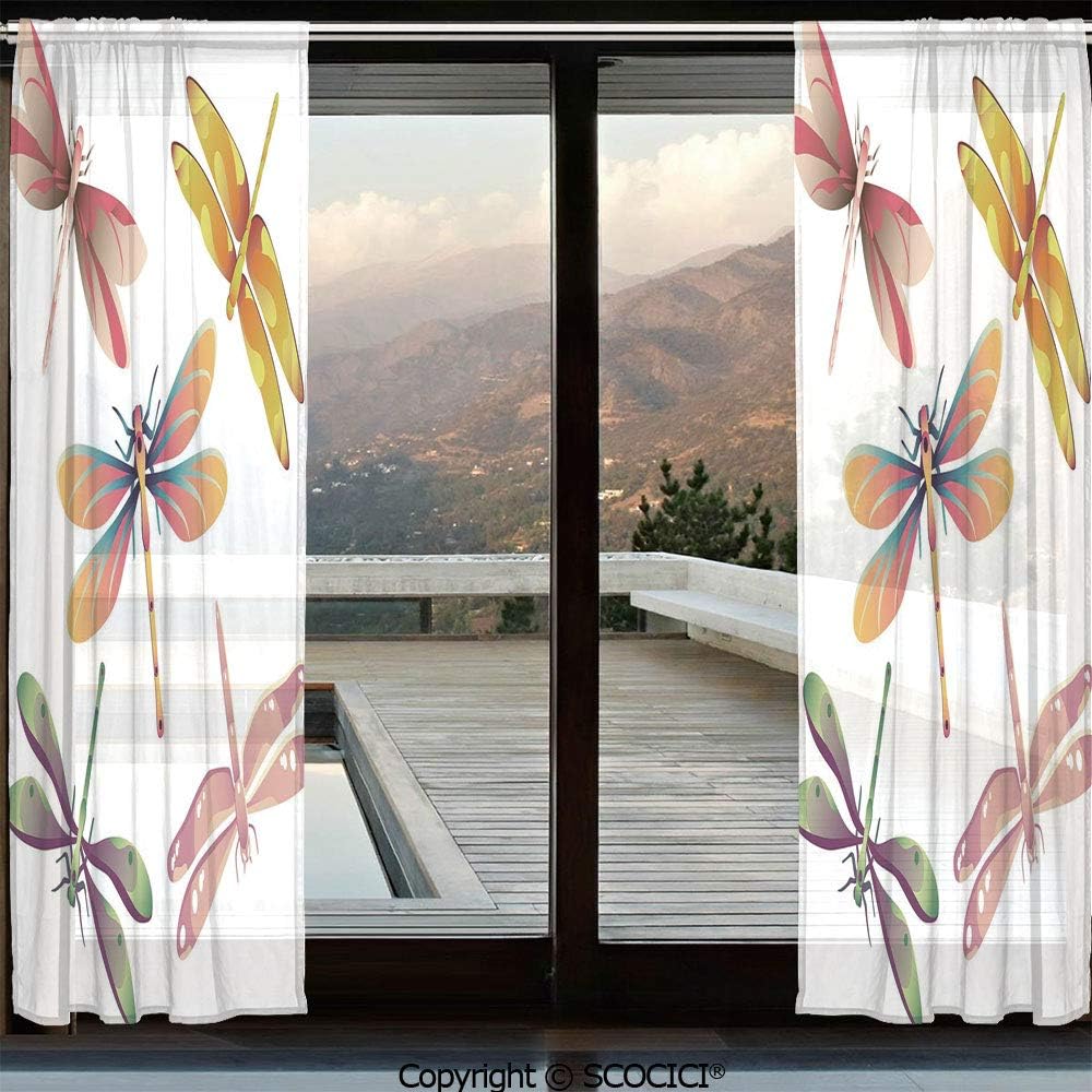Shutters Sheer Tier Curtains for Kitche,Bedroom,Casual Weave Window Curtain,2 Panels,Dragonfly,Five Spiritual Bugs in Modern Abstract Patterned Beauty Elegance Artsy Motif Decorative,Multicolor
