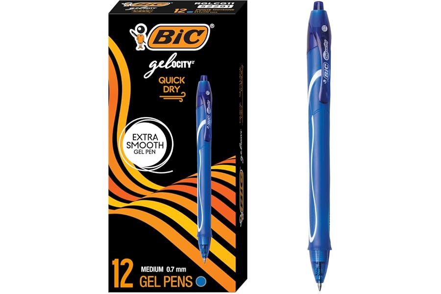 BIC Gelocity Quick Dry Blue Gel Pens, Medium Point (0.7 mm), School Supplies for Students and Teachers, with Full Grip, 12-Count Pack in Blue