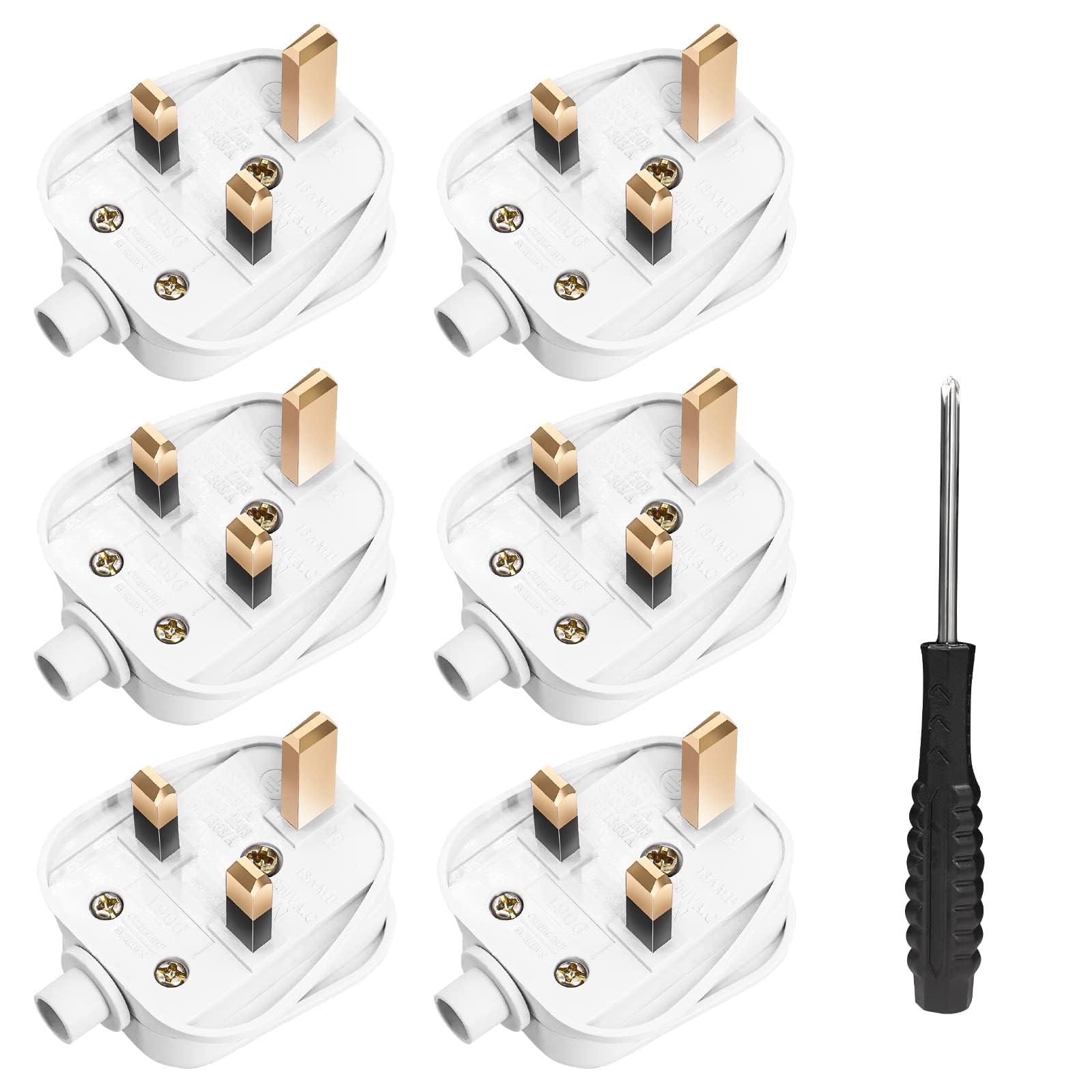 UK Plugs with 13 AMP Fused, 3 pin Mains Plug with Cord Grip Rewireable Heavy Duty Electrical Plug, Rubber Composite Plug, 6 Pack - White