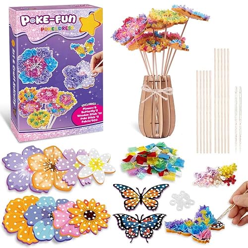 Bambebe DIY Poke in Art Fabric Flower Craft, Arts and Craft Kits for Kids 4 5 6 7 8 Years Old, Craft Activity Party Favors Supplies- Makes 8 Flower Bouquet & 2 Butterflies, Creative Birthday Gifts