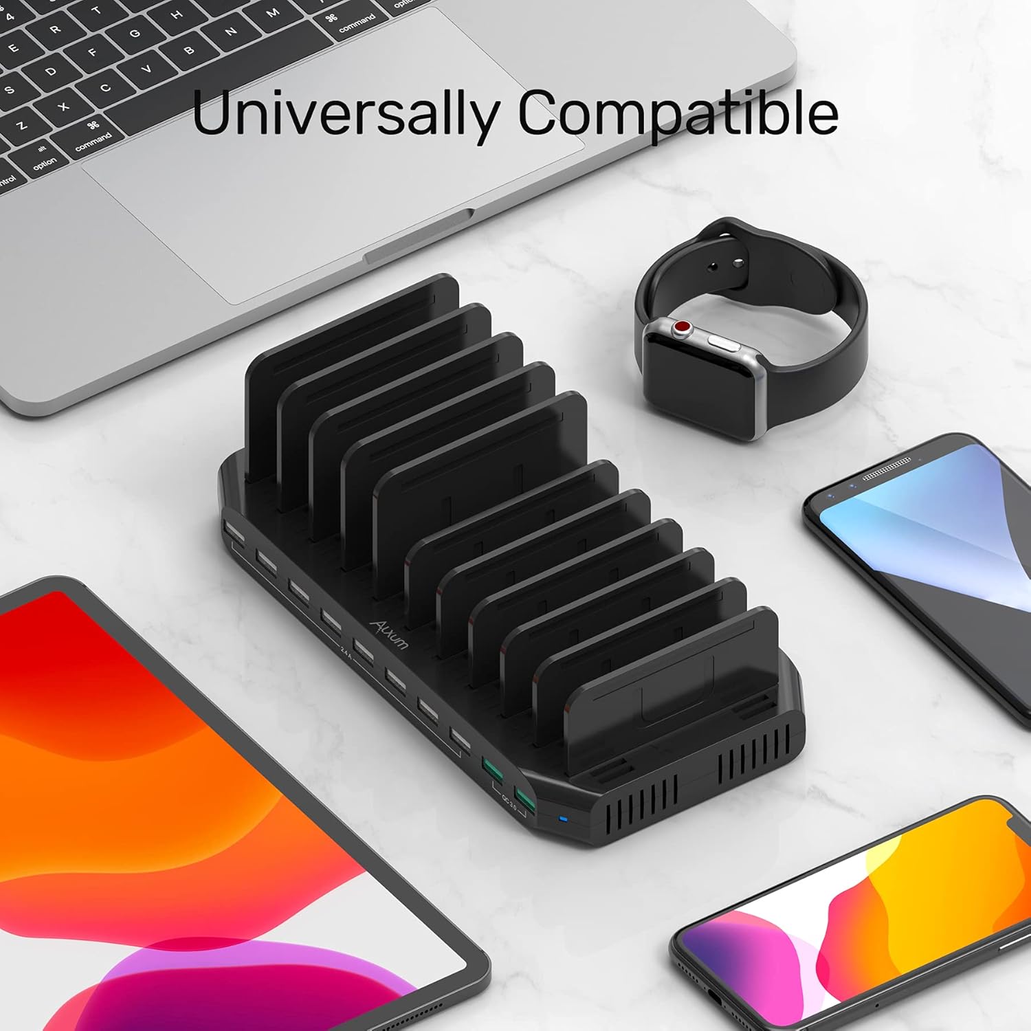 Alxum USB Charging Station 10 Port with 2 QC 3.0, Multi Fast Charging Dock Station for Multiple Devices, Organizer Stand with Detachable Dividers for Cell Phones, Tablets, and Other Electronics, Black