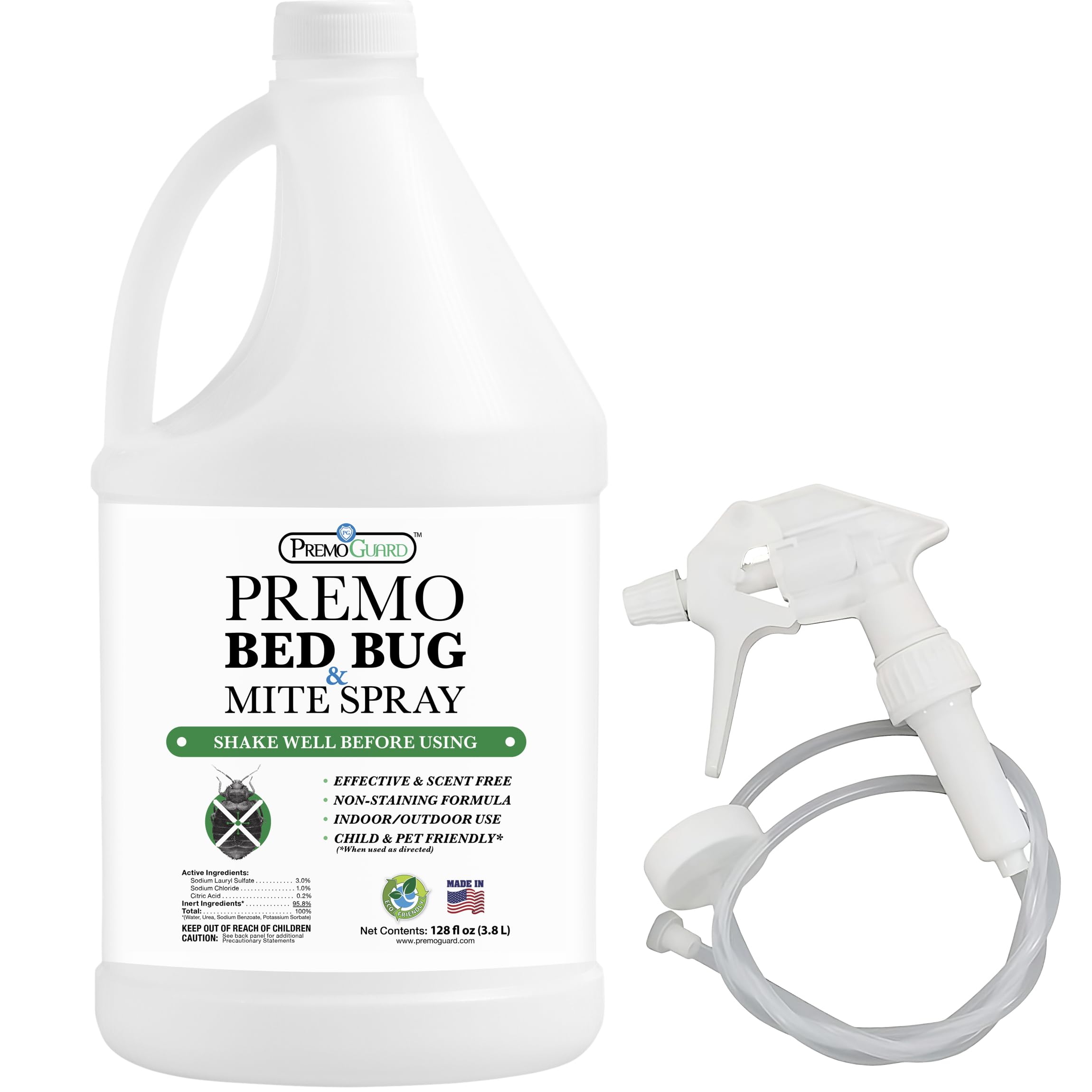 Premo Guard Bed Bug Killer Spray 128 oz - University Tested 100% Kill Rate - Natural Non Toxic, Stain & Scent Free - Kill Bedbugs & Mites On Bed & Blankets, Furniture, Clothing - Child & Pet Safe