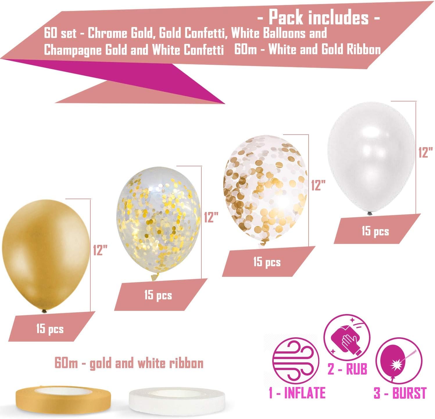 60 Pack Gold Balloons + Gold Confetti Balloons w/Ribbon | Balloons Gold | Gold Balloon | Gold Latex Balloons | Golden Balloons | White and Gold Balloons 12 inch | Clear Balloons with Gold Confetti |: Health & Personal Care