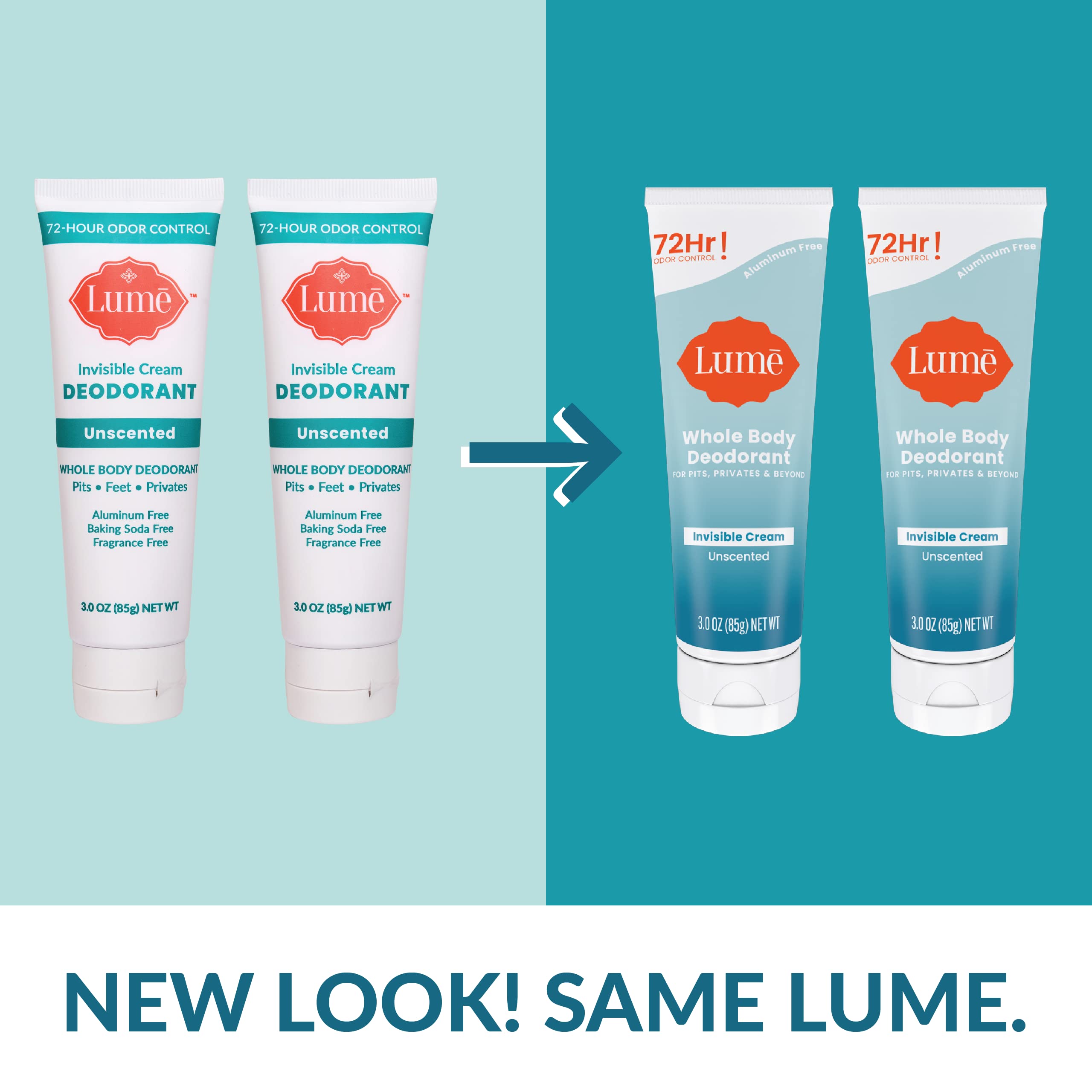 Lume Whole Body Deodorant - Invisible Cream Tube - 72 Hour Odor Control - Aluminum Free, Baking Soda Free, Skin Safe - 3.0 ounce (Pack of 2) (Unscented)