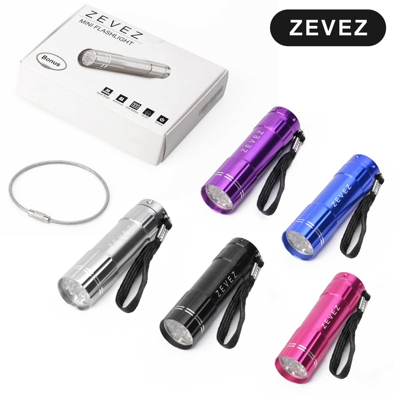 ZEVEZ F1 LED Flashlight High Powered 9 LED Mini Bright Tiny Small Kids Pocket Keychain, Best Outdoor DEC Tools For Emergency, Assorted Colors, 5 Piece
