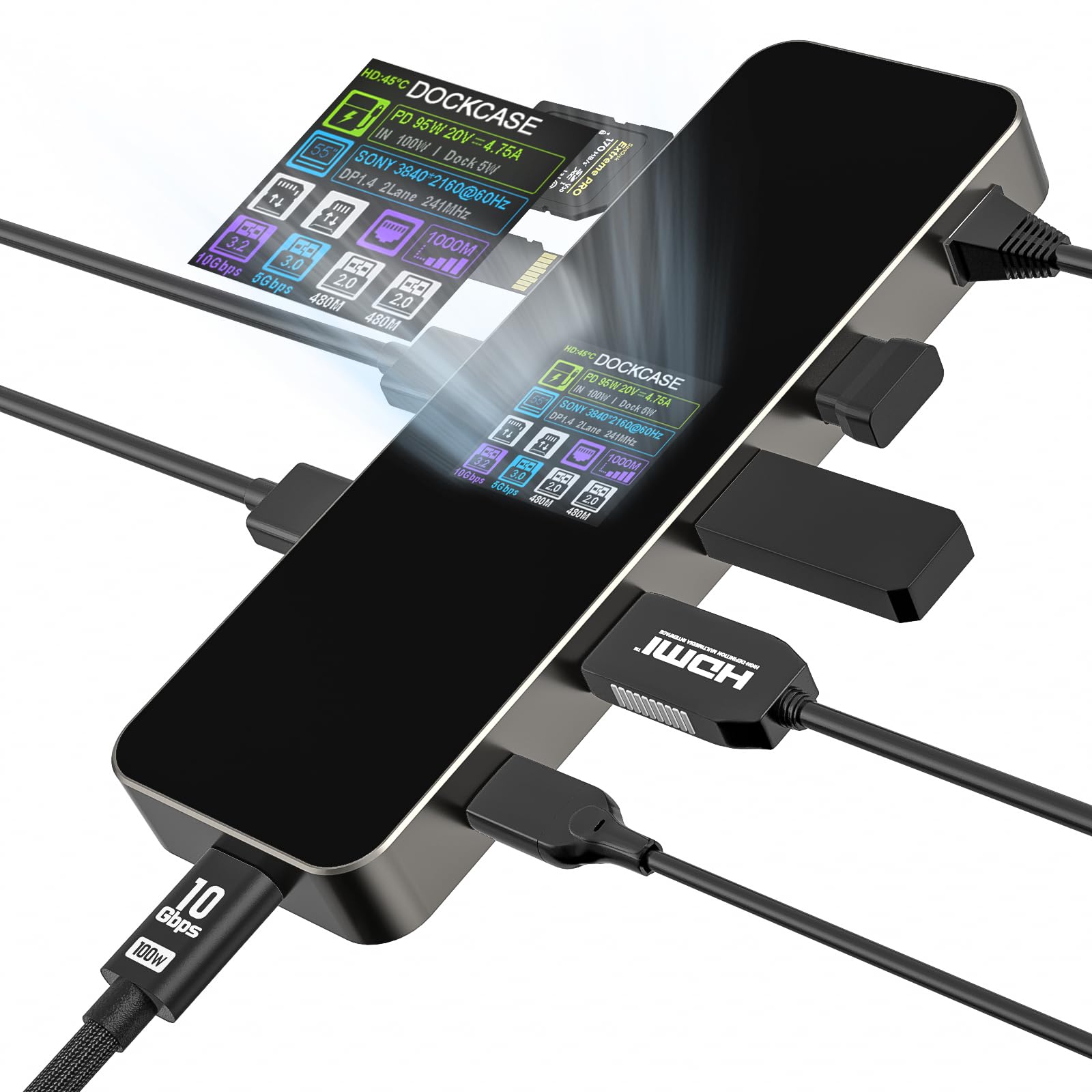 DOCKCASE 9-in-1 Smart USB C Hub, HDMI 4K@60Hz, PD 3.0 100W, Gigabit Ethernet, 2 USB-A 3.2, 2 USB-A 2.0, 1 UHS-II SD/TF Card Reader, USB C Multiport Adapter with MacBook Pro/Air, M1 iPad Pro, Dell XPS
