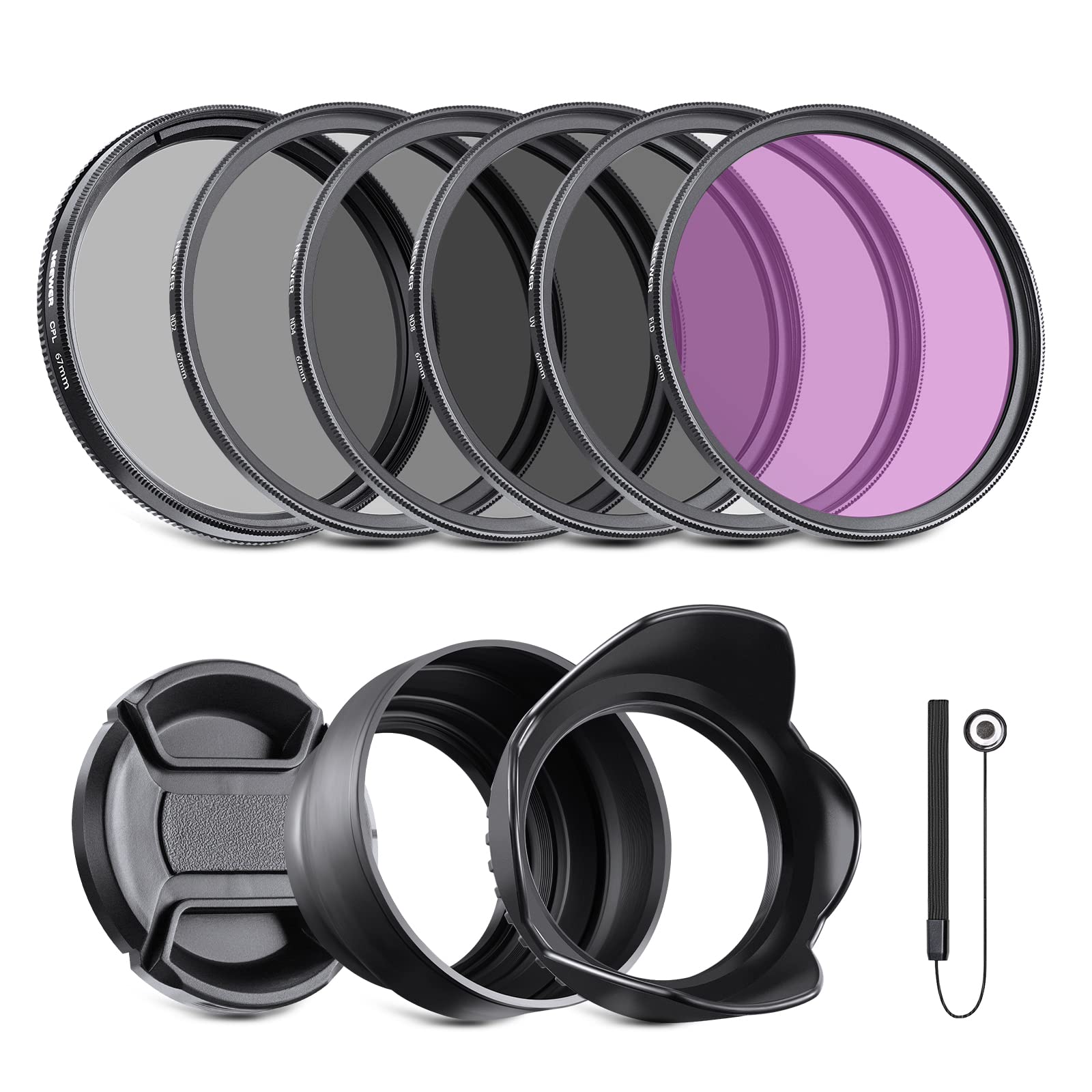NEEWER 67mm ND Filter Kit and Lens Accessories, ND2 ND4 ND8 UV FLD CPL(Circular Polarizing) Filter Set with Lens Cap/Tulip Shaped Lens Hood