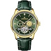 LOUIE JUELEN Automatic Mechanical Watch for Men with Green Dial & Gold Case, Simulated Diamonds, Leather Strap, Day-Date Display, Waterproof, Luminous, Self-Winding Movement