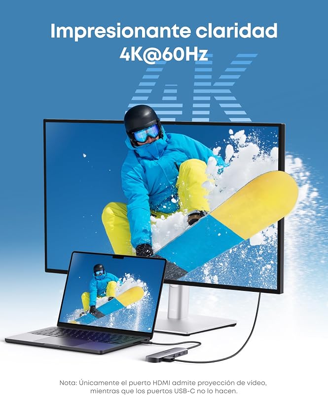 Hub USB C 7 en 1, HDMI 4K 60 Hz, 100 W, SD y TF