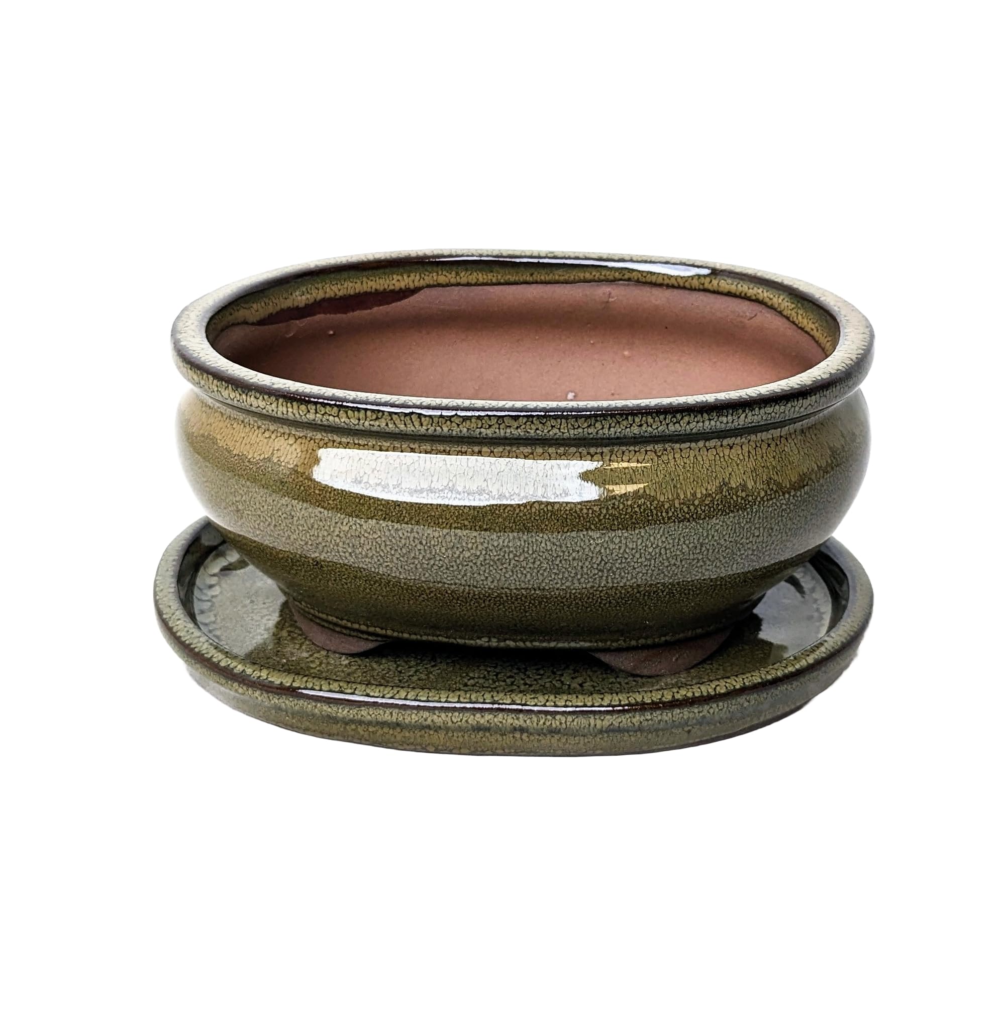 Glazed Ceramic Bonsai Pots with Matching Drip Trays (Olive Green, 16cm)