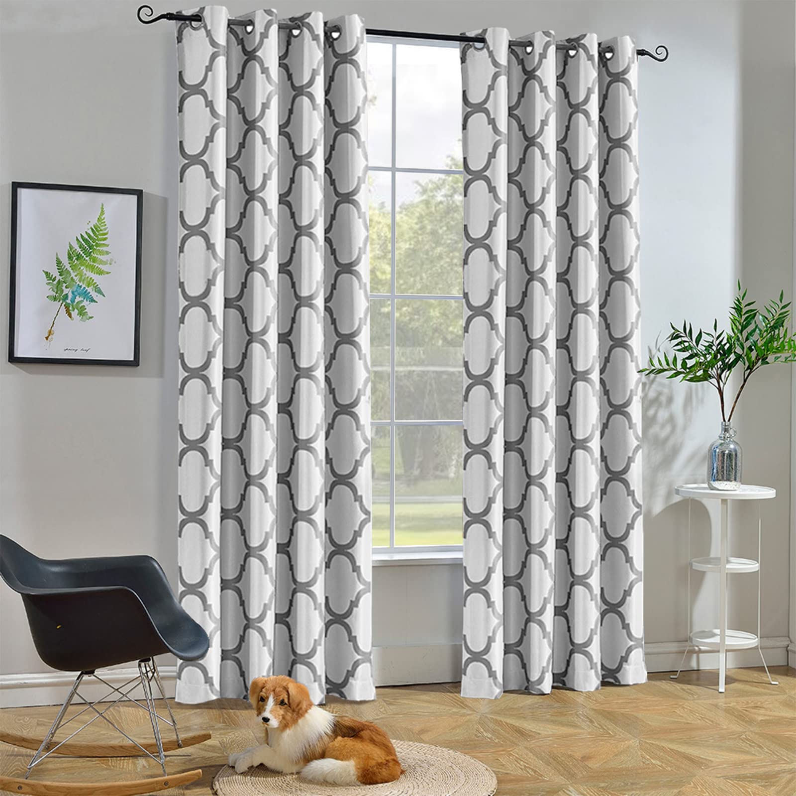 Melodieux Moroccan Fashion Room Darkening Grommet Curtains for Living Room, 52 by 96 Inch, Off White/Grey (1 Panel)