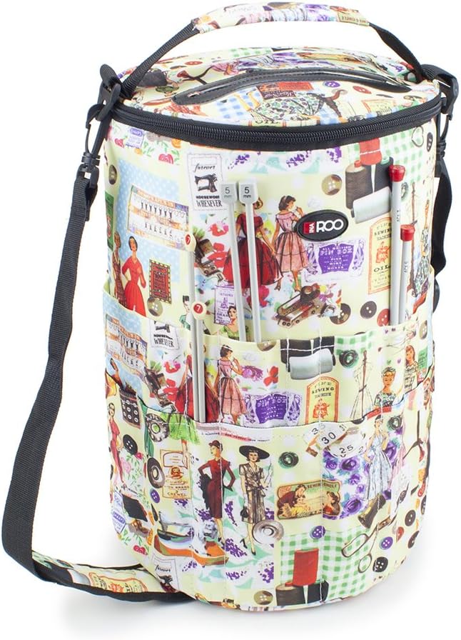 Knitting Bucket Bag, Sewing Accessories and Craft Needle Storage Organiser with Yarn Feeder in Retro Print