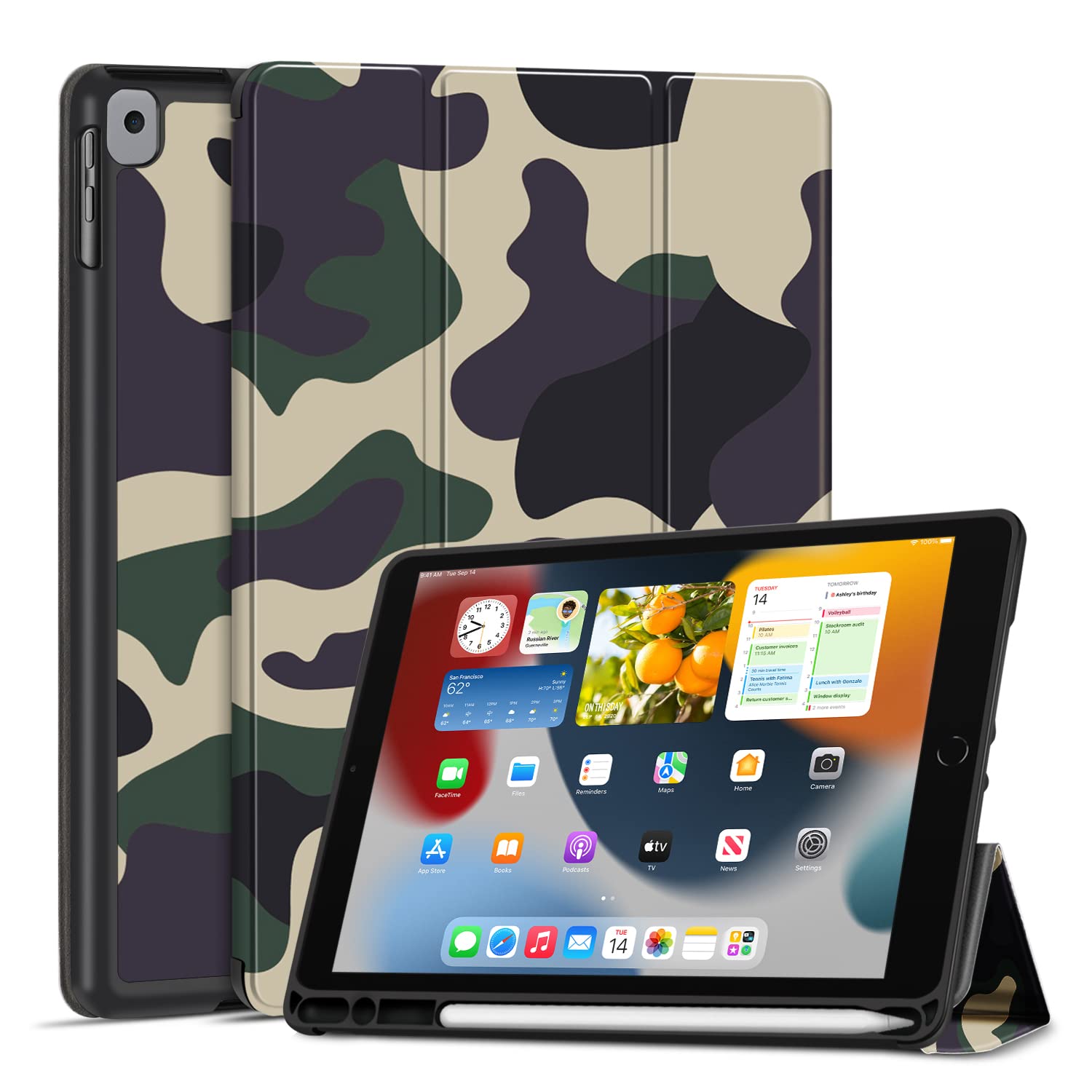 TNP Case for iPad 9th Gen 2021/iPad 8th 2020/iPad 7th 2019 Generation Protective Cover with Pencil Holder - 10.2 inch Slim Soft TPU Trifold Stand PU Leather Folio Auto Sleep Wake - Camouflage Brown