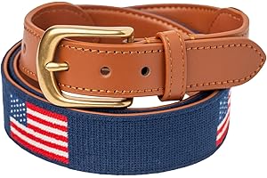 PALMETTO GOLF & BELTS LLC Palmetto Golf & Belts Men Navy Classic Embroidered American Flag Golf Belt Cowhide Pure Leather Backing & Solid Brass Buckle