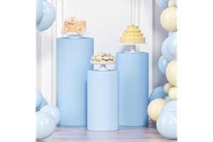 LEBENGURU 3Pcs Cylinder Pedestal Stand Covers Blue, Round Spandex Display Pedestal Covers, Elastic Cloth Plinth Pillar Cover for Parties Wedding Birthday Event Decor Props (Only Covers)