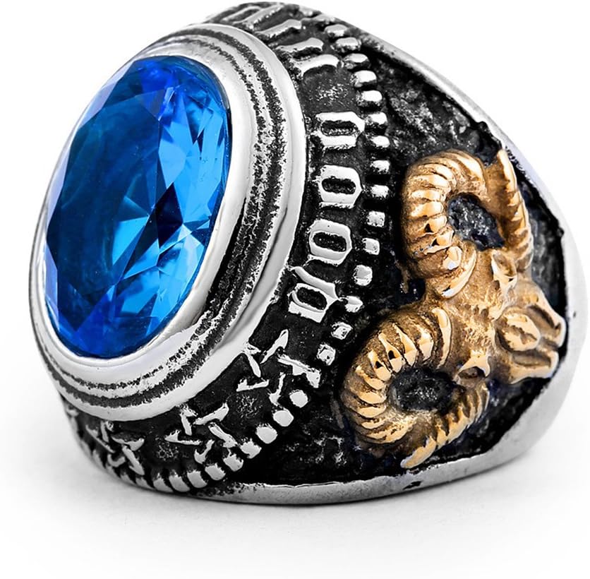LILILEO Jewelry Titanium Steel Retro Gold Goat Skull Blue Zircon Masonic Ring for Men's Rings